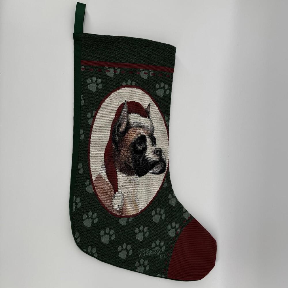 Linda Picken Christmas Holiday Stocking Dog Boxer in  Santa Hat 12x20” Vintage